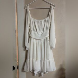 White Long-Sleeve Waistband Sundress